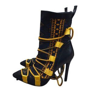 Azalea Wang Tribal Print Lace-Up Stiletto Ankle Boots Black Yellow Size 9.